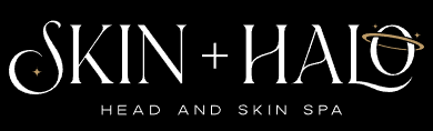 Skin + Halo spa logo on black background.